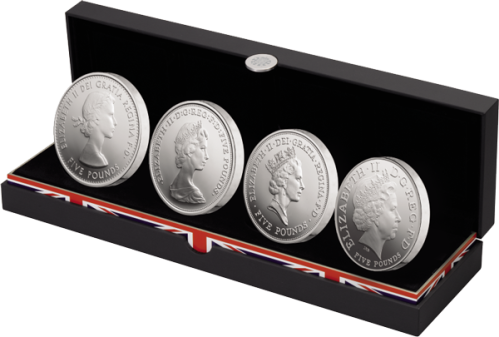 Набор 4 серебряные монеты-придфорты "Четыре портрета Королевы" 
