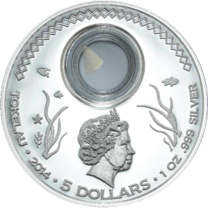 Аверс серебряной монеты "Большая белая акула" 2015 Токелау 5 новозеландских долларов